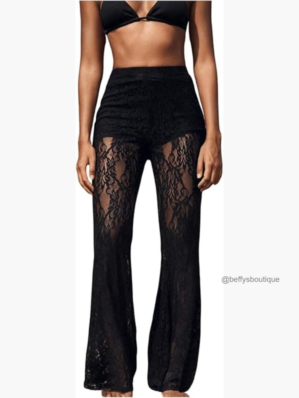 Floral Lace Sheer Mesh Flare Pants High Waist Elastic Waistband
